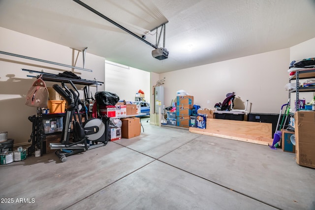 garage with water heater and a garage door opener