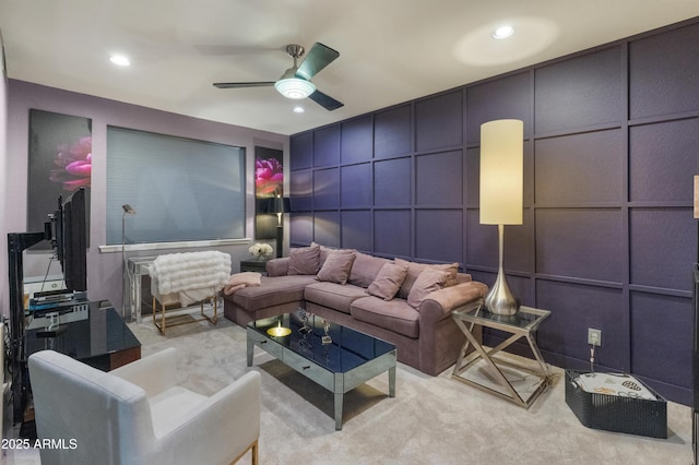 8447 W Tether Trl, Peoria, AZ 85383 - living room featuring a decorative wall, ceiling fan, carpet flooring, and recessed lighting