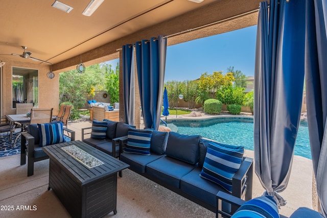 8447 W Tether Trl, Peoria, AZ 85383 - fenced backyard with an outdoor living space with a fire pit, outdoor dining area, a patio area, an outdoor pool, and a ceiling fan