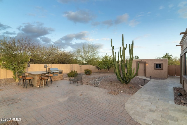 view of patio with a fenced backyard, outdoor dry bar, exterior kitchen, and an outdoor structure