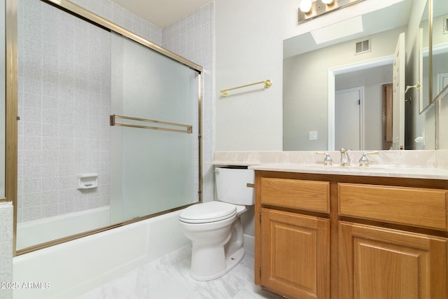 full bathroom featuring marble finish floor, shower / bath combination with glass door, visible vents, toilet, and vanity