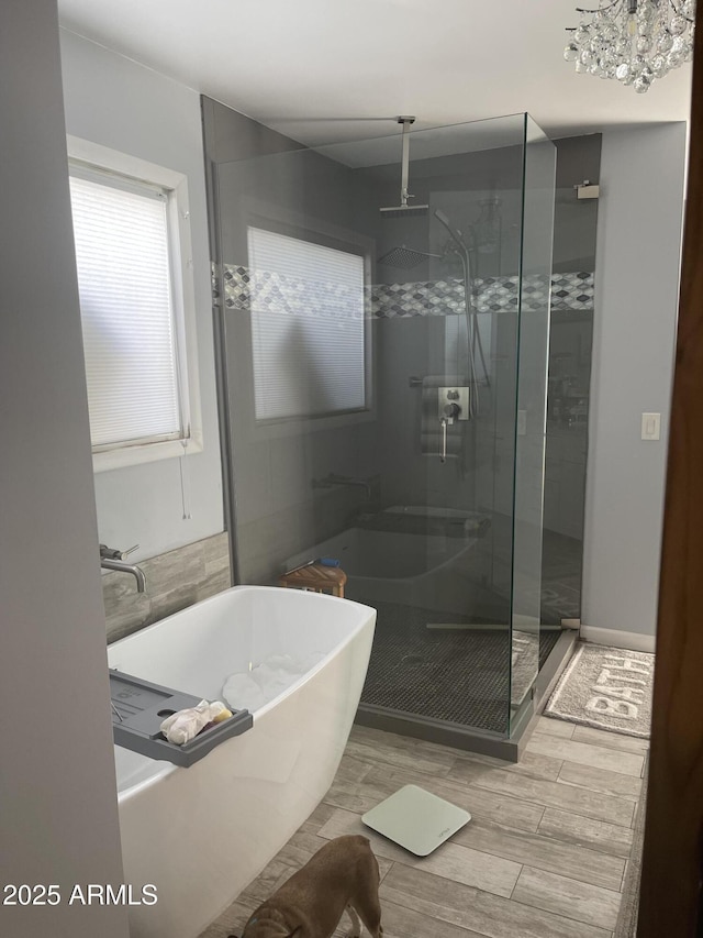 bathroom with shower with separate bathtub