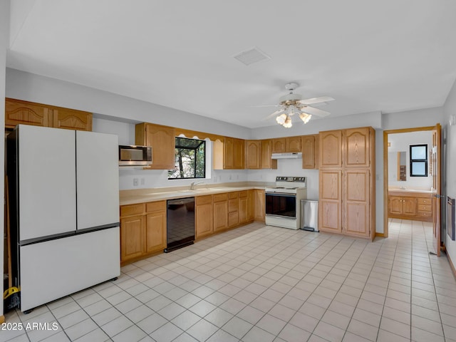 5130 Juniper Loop, Pine, AZ 85544 - kitchen featuring white appliances, under cabinet range hood, light countertops, a sink, and ceiling fan