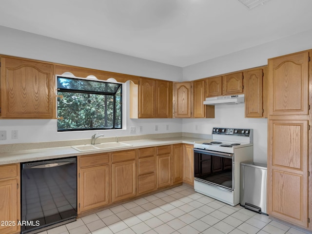 5130 Juniper Loop, Pine, AZ 85544 - kitchen with white electric stove, black dishwasher, a sink, under cabinet range hood, and light countertops