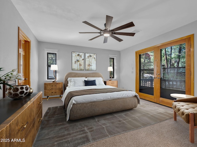 5130 Juniper Loop, Pine, AZ 85544 - bedroom with access to exterior, french doors, dark colored carpet, and ceiling fan