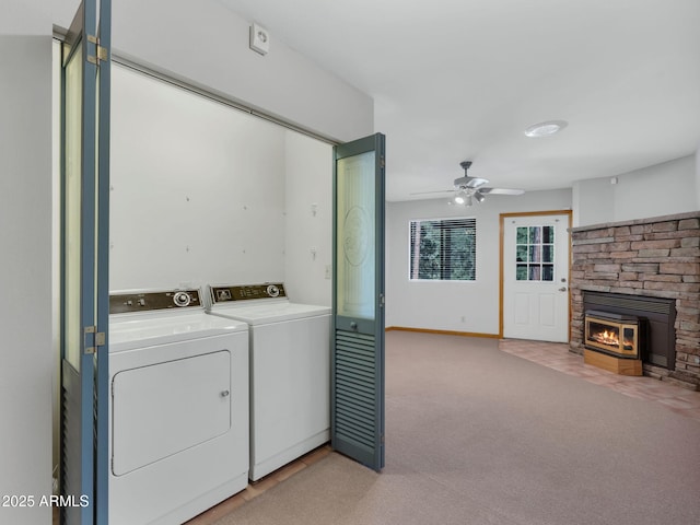 5130 Juniper Loop, Pine, AZ 85544 - laundry area featuring separate washer and dryer, light carpet, a fireplace, and ceiling fan