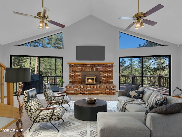 5130 Juniper Loop, Pine, AZ 85544 - living room with a ceiling fan, high vaulted ceiling, and a brick fireplace