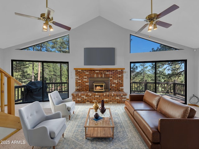 5130 Juniper Loop, Pine, AZ 85544 - living room featuring a ceiling fan, high vaulted ceiling, and a brick fireplace