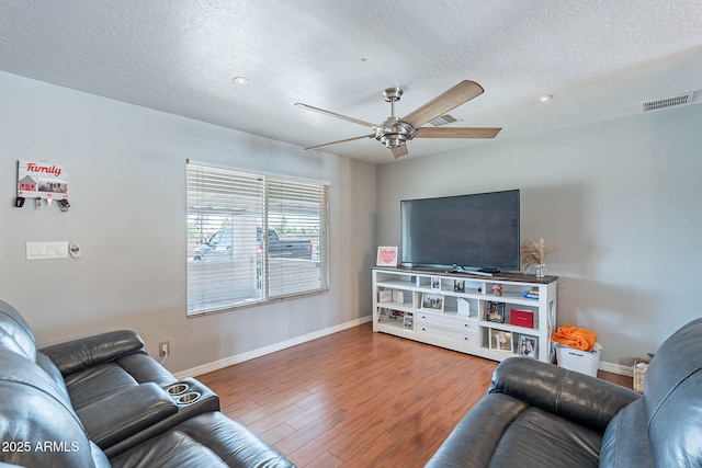 3408 W Carol Ave, Phoenix, AZ 85051 - living room with a ceiling fan, a textured ceiling, visible vents, wood finished floors, and baseboards