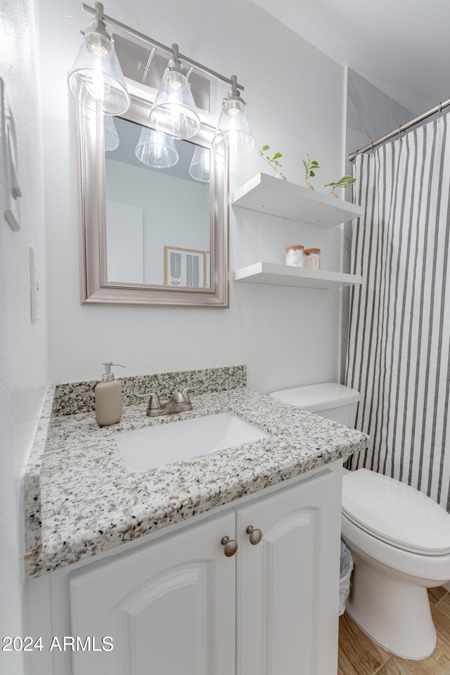 bathroom with hardwood / wood-style flooring, vanity, toilet, and a shower with shower curtain