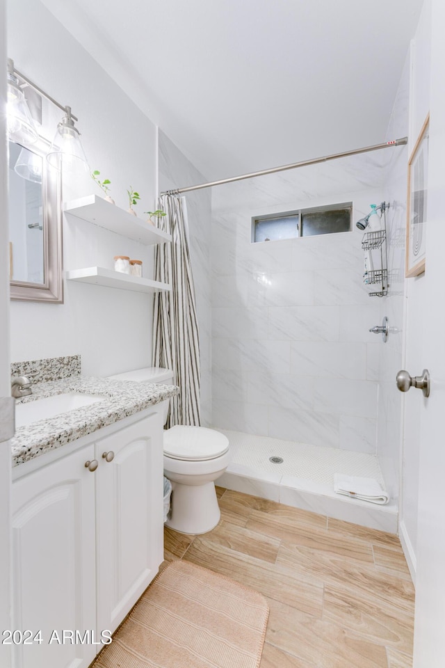 bathroom featuring a shower with shower curtain, vanity, and toilet