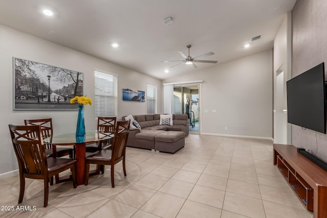 4152 W Bradshaw Creek Ln, New River, AZ 85087 - dining room with ceiling fan, light tile patterned floors, recessed lighting, and lofted ceiling