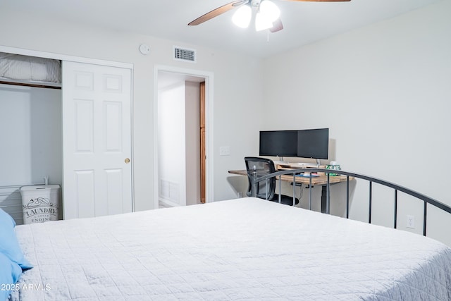 bedroom featuring a ceiling fan, visible vents, and a closet