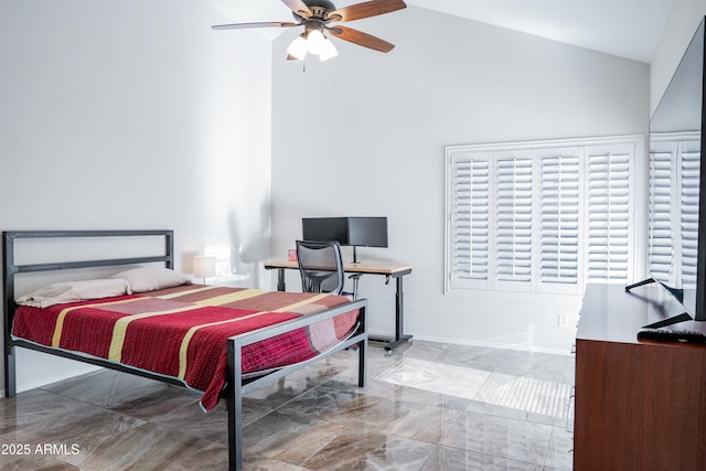 bedroom featuring high vaulted ceiling and marble finish floor