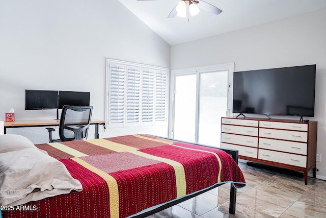 bedroom with high vaulted ceiling and ceiling fan