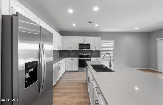 17809 W Getty Dr, Goodyear, AZ 85338 - kitchen featuring tasteful backsplash, appliances with stainless steel finishes, white cabinetry, and a sink