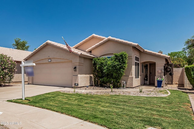 51 N Rush St, Chandler, AZ 85226 - view of front of house featuring a garage, stucco siding, concrete driveway, a front lawn, and a tiled roof