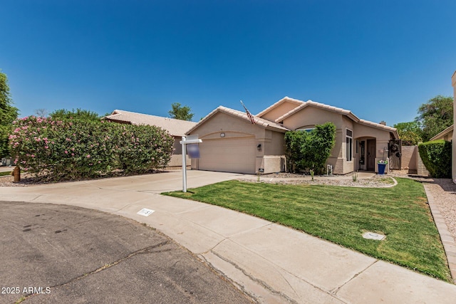51 N Rush St, Chandler, AZ 85226 - view of front of home with driveway, an attached garage, stucco siding, a front yard, and a tile roof