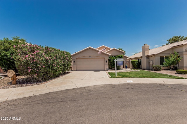 51 N Rush St, Chandler, AZ 85226 - view of front of property with stucco siding, a garage, concrete driveway, a tile roof, and a chimney