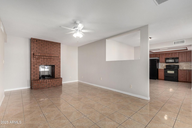 unfurnished living room with ceiling fan, light tile patterned floors, and a brick fireplace