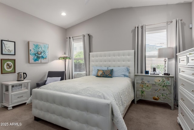 2597 E Hickory St, Gilbert, AZ 85298 - bedroom featuring carpet floors, vaulted ceiling, multiple windows, and recessed lighting