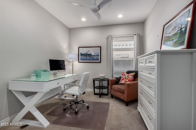 2597 E Hickory St, Gilbert, AZ 85298 - office with a ceiling fan, light colored carpet, baseboards, and recessed lighting