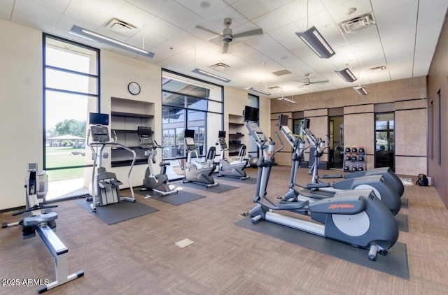 2597 E Hickory St, Gilbert, AZ 85298 - exercise room with healthy amount of natural light, carpet, a towering ceiling, and a ceiling fan