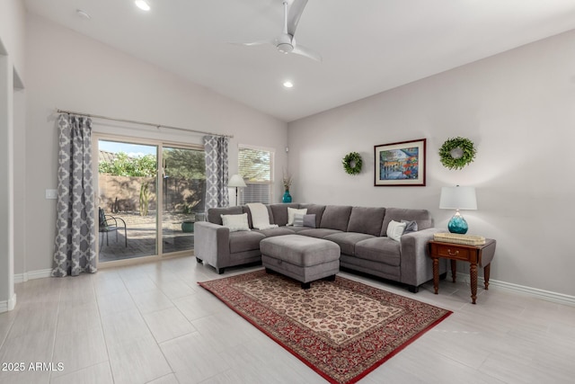 2597 E Hickory St, Gilbert, AZ 85298 - living room featuring ceiling fan, baseboards, recessed lighting, and high vaulted ceiling