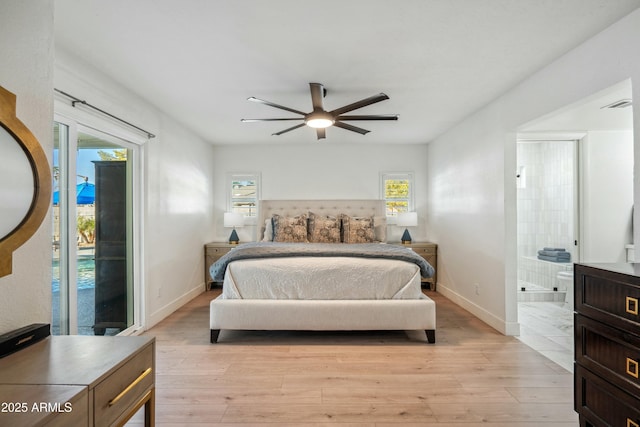 bedroom with ceiling fan, light hardwood / wood-style flooring, and access to outside