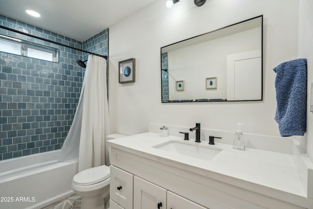 full bathroom featuring toilet, shower / bathtub combination with curtain, and vanity