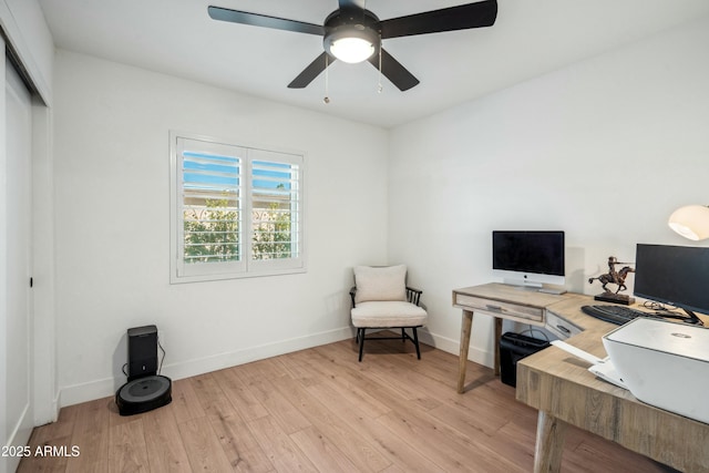 office with light hardwood / wood-style floors and ceiling fan