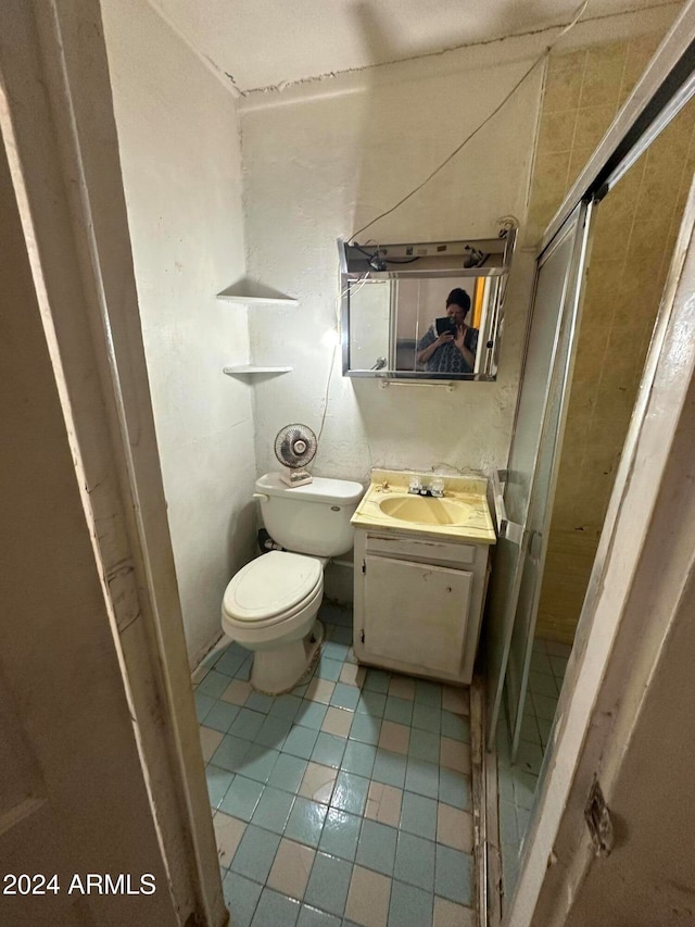 bathroom featuring vanity, tile patterned flooring, toilet, and walk in shower