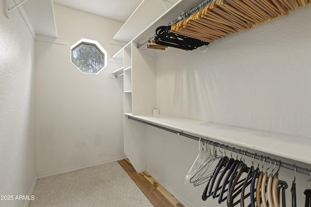 walk in closet with light wood finished floors