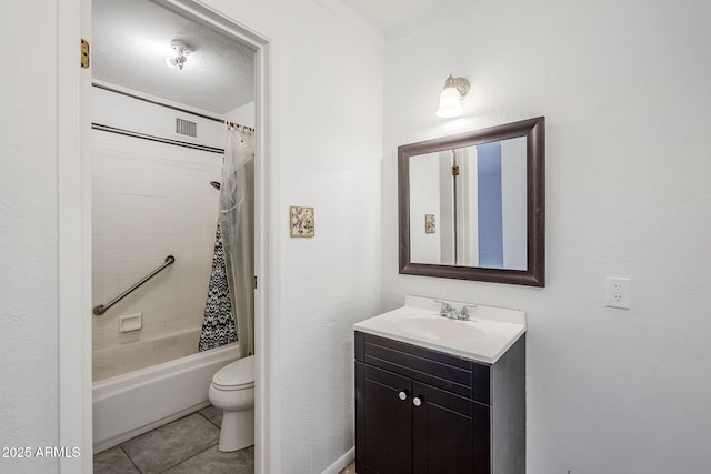 full bathroom with shower / tub combo with curtain, tile patterned flooring, vanity, ornamental molding, and toilet