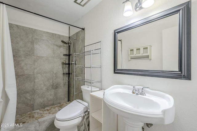 bathroom featuring a shower with curtain, sink, and toilet