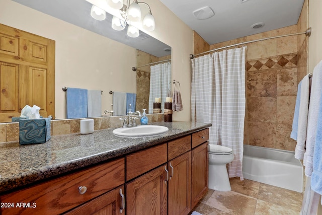 full bathroom with toilet, vanity, shower / tub combo, tile patterned floors, and a notable chandelier