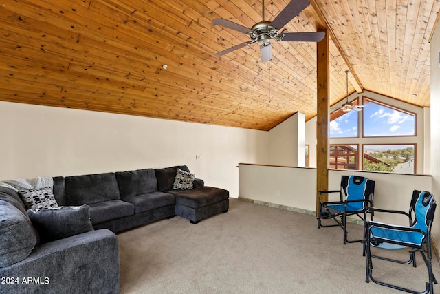 living room featuring ceiling fan, carpet floors, lofted ceiling, and wooden ceiling