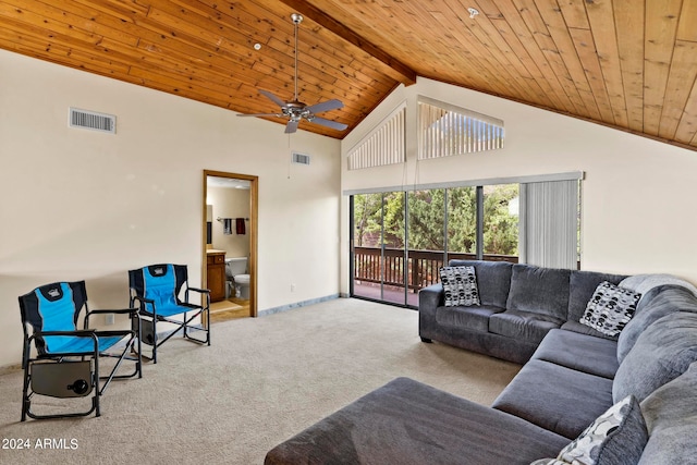 carpeted living room featuring ceiling fan, beam ceiling, high vaulted ceiling, and wood ceiling