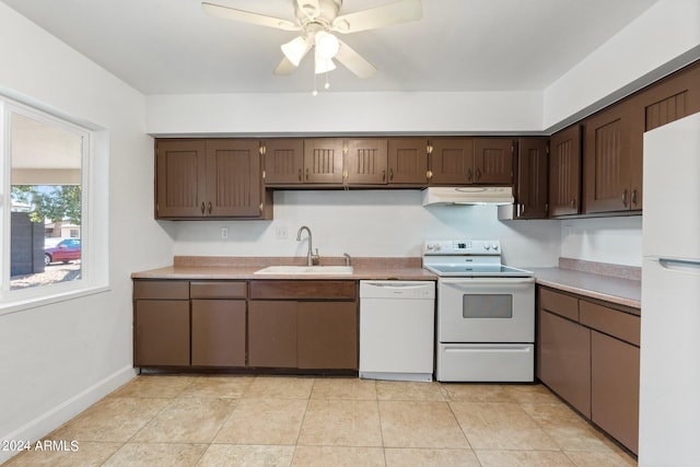 kitchen featuring ceiling fan, sink, light tile patterned flooring, and white appliances