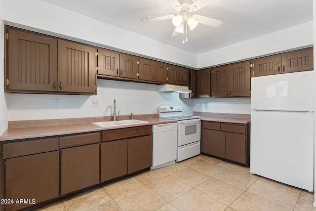 kitchen with ceiling fan, white appliances, sink, and light tile patterned floors