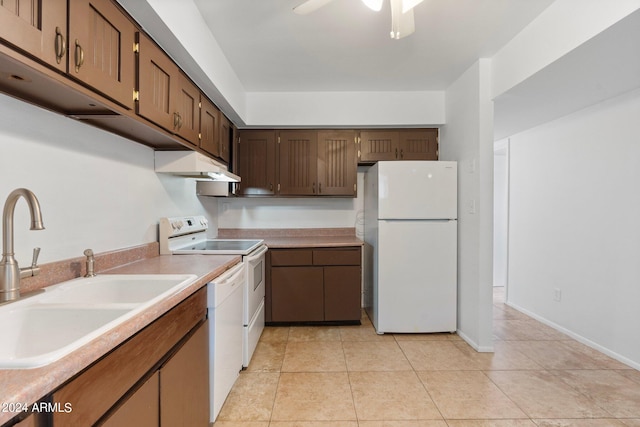 kitchen featuring light tile patterned flooring, white appliances, ceiling fan, and sink