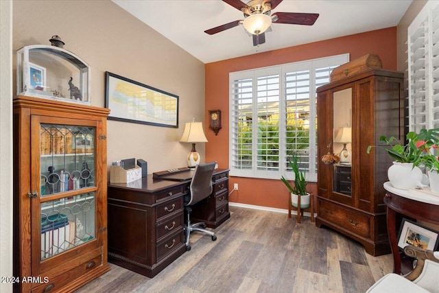 office space with hardwood / wood-style flooring and ceiling fan