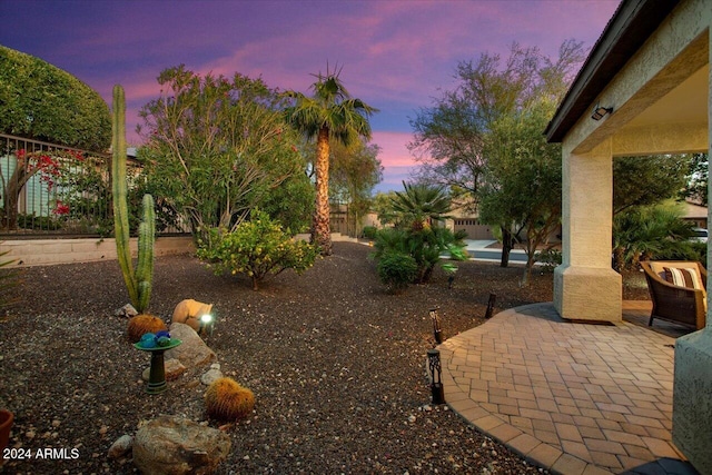 yard at dusk featuring a patio