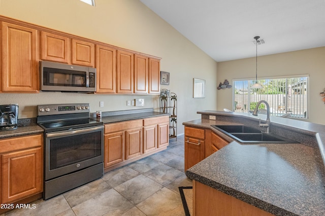 44574 W High Desert Trl, Maricopa, AZ 85139 - kitchen featuring dark countertops, a sink, high vaulted ceiling, stainless steel appliances, and visible vents
