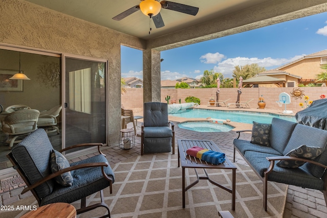 44574 W High Desert Trl, Maricopa, AZ 85139 - view of patio featuring outdoor lounge area, a fenced in pool, a ceiling fan, and a fenced backyard