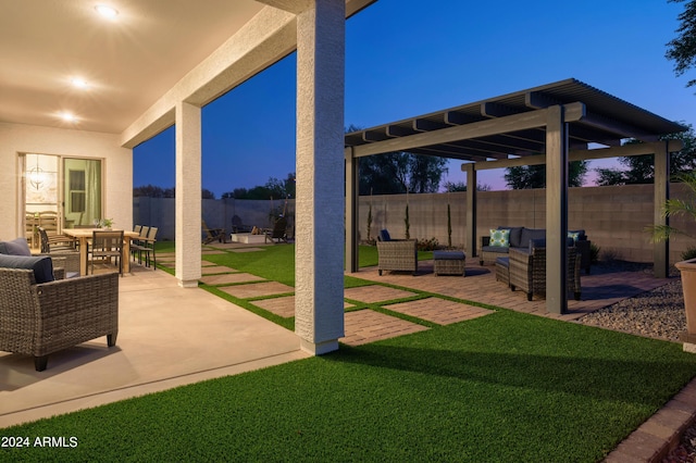 view of yard with outdoor dining space, a patio area, a fenced backyard, and an outdoor hangout area