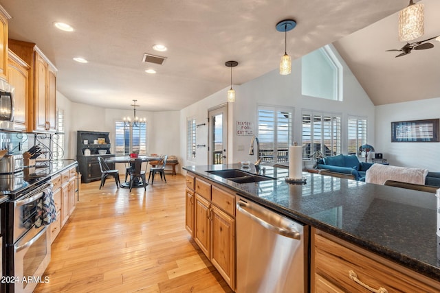 kitchen with appliances with stainless steel finishes, light hardwood / wood-style flooring, sink, and hanging light fixtures