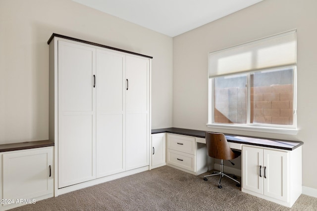 unfurnished office featuring carpet flooring and built in desk