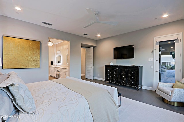 bedroom featuring ensuite bathroom and ceiling fan