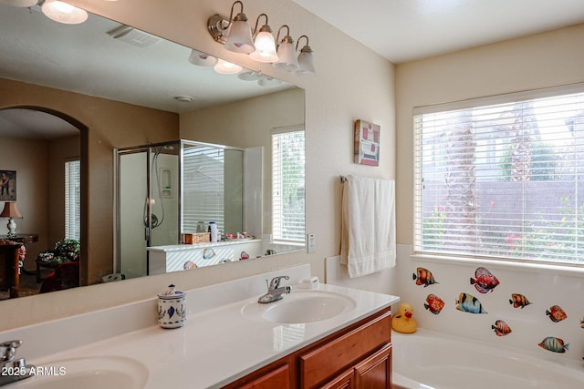 bathroom featuring vanity, a wealth of natural light, and independent shower and bath